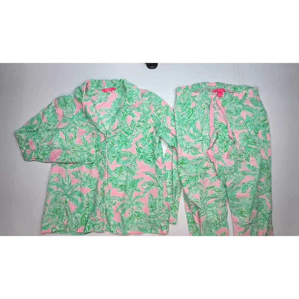 Lilly Pulitzer Pajama Set Pink Green Palm Print Long Sleeve Top Pants Small